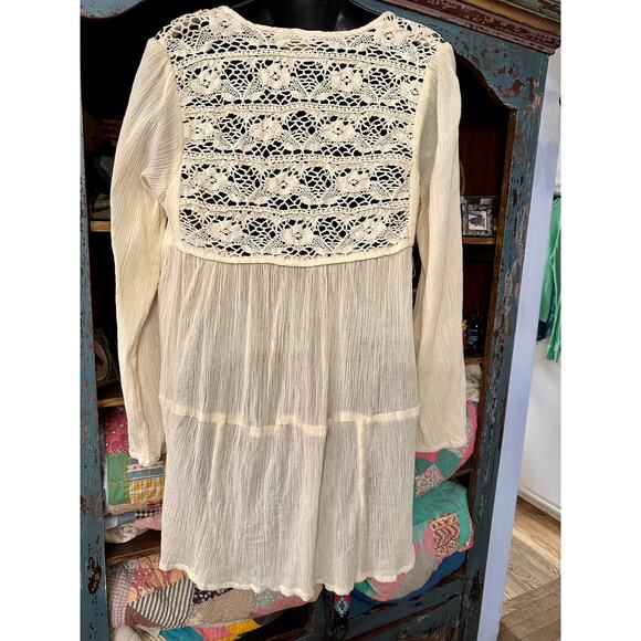 NEW BLUE HIPPY COTTON GAUZE LACE INSET TUNIC TOP M/L COTTAGECORE BOHO - Picture 2 of 8